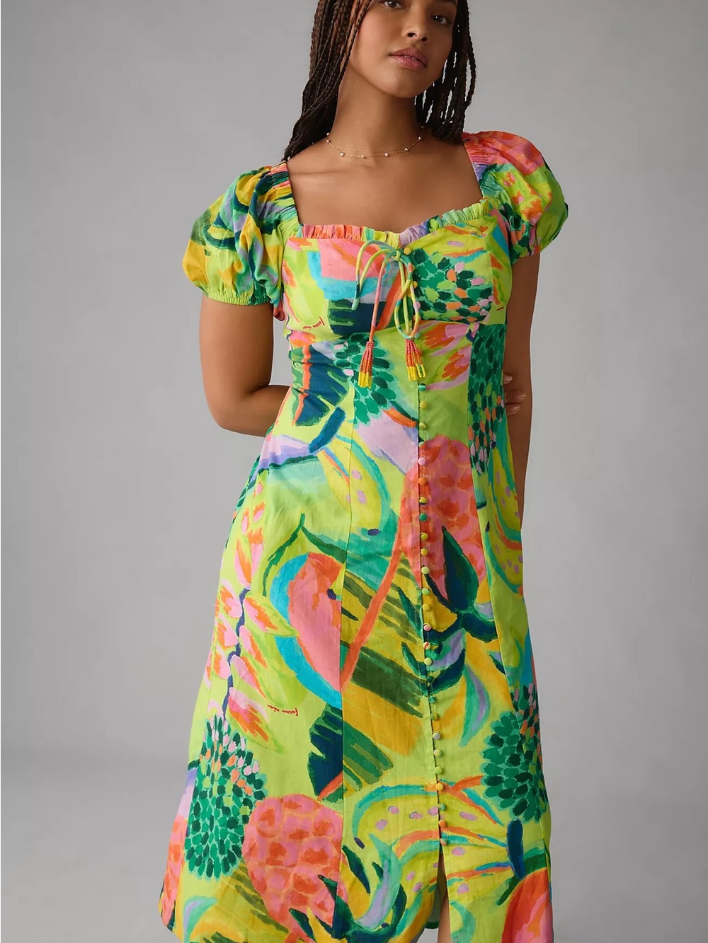 FARM Rio Neon Floral Puff-Sleeve Midi Dress in Lime, Pink & Green